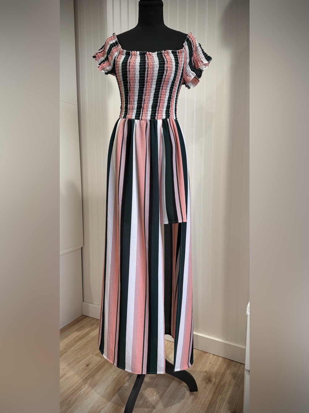 Pink, Black, green & White Striped Maxi dress